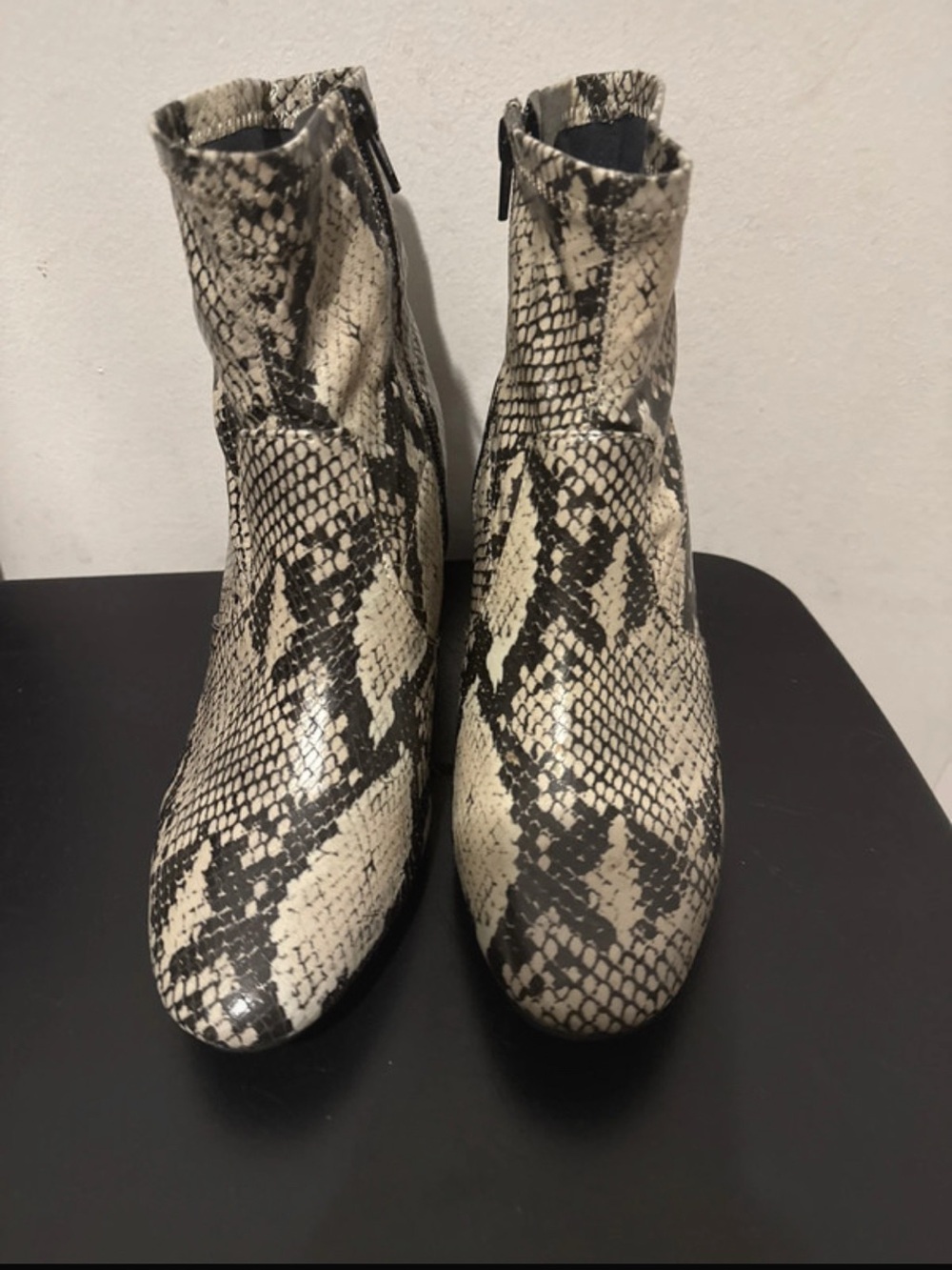 Time and Tru Snake-Print Ankle Booties in Beige and Black